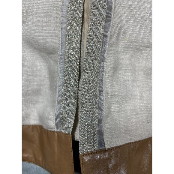 Chicos Women’s Jacket 100% Linen Beige Open Front Sz 2 L Faux Leather - Picture 3 of 6